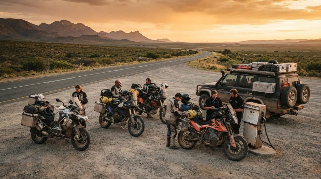 Guided Motorcycle Tour Support Vehicle: Fuel Stops and Long-Distance Logistics