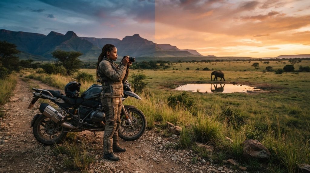 Motorcycle photography tips for safari: Get better light and framing